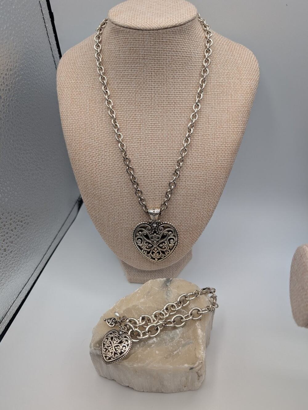 Brighton Set Silver Tone Filigree Heart Pendant Necklace & Charm